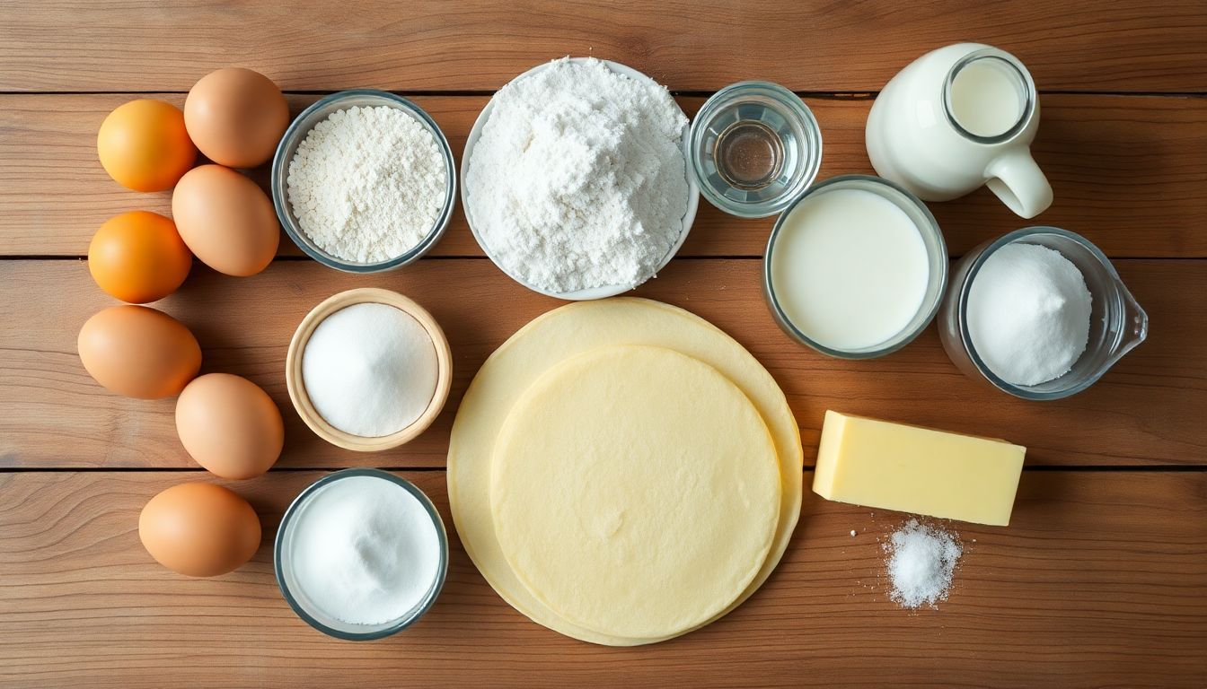 Zutaten für fluffige Pfannkuchen auf rustikalem Holztisch angeordnet.