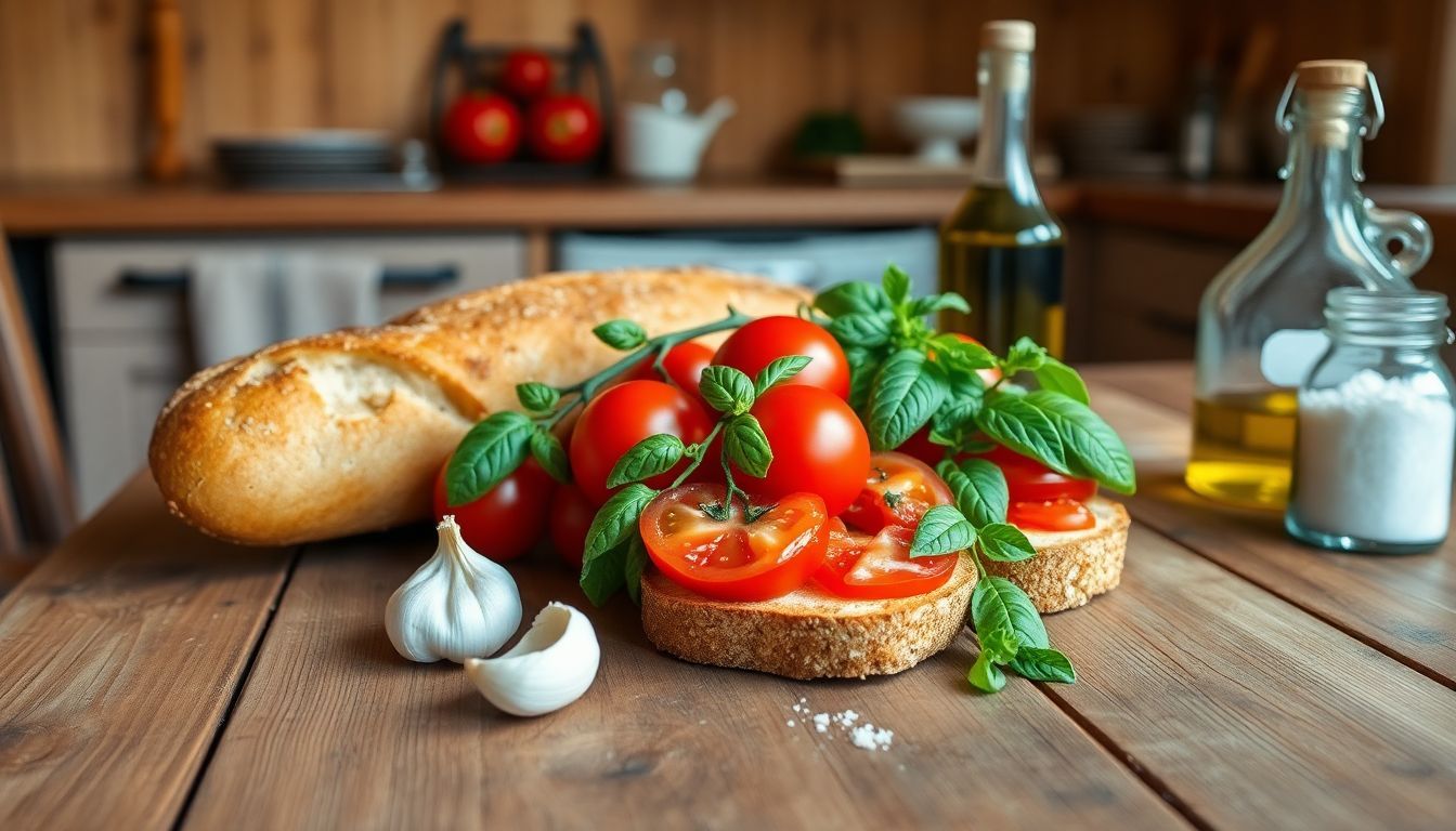 Eine rustikale Küche mit Zutaten für Bruschetta auf einem Holztisch.