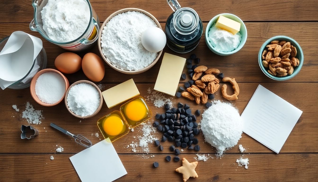 Eine ordentlich angeordnete Sammlung von Backzutaten auf einem rustikalen Holztisch. Eine ordentlich angeordnete Sammlung von Backzutaten auf einem rustikalen Holztisch.