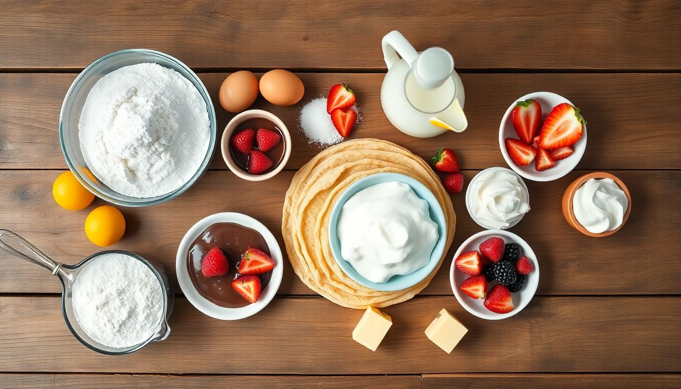 Ein flaches Foto von Zutaten für Crêpes auf einem Holztisch.
