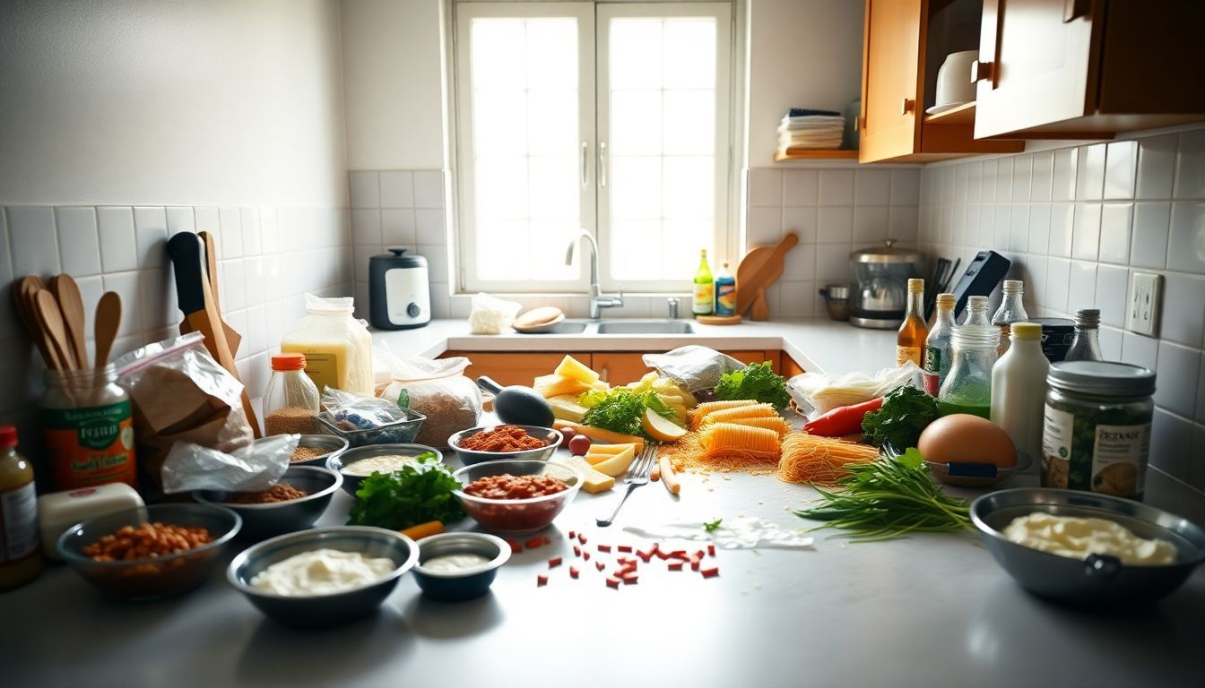 Eine Küchentheke mit Zutaten für Lasagne in natürlicher Beleuchtung.