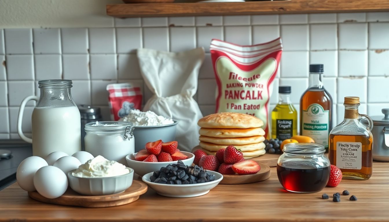 Eine Küchentheke voll mit Zutaten für fluffige Pfannkuchen.