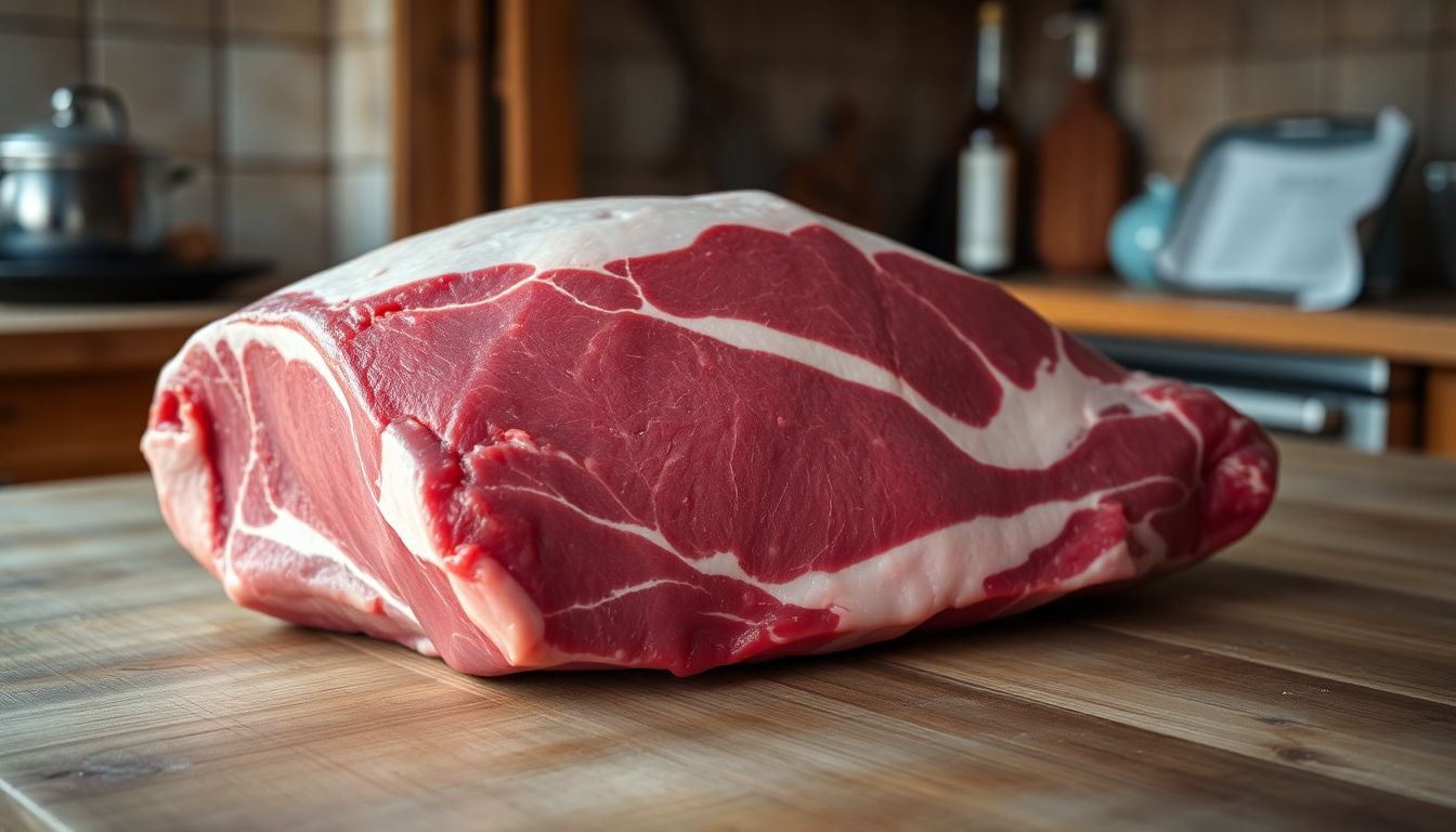 Ein Stück mariniertes Rindfleisch auf Holzplatte in rustikaler Küche.