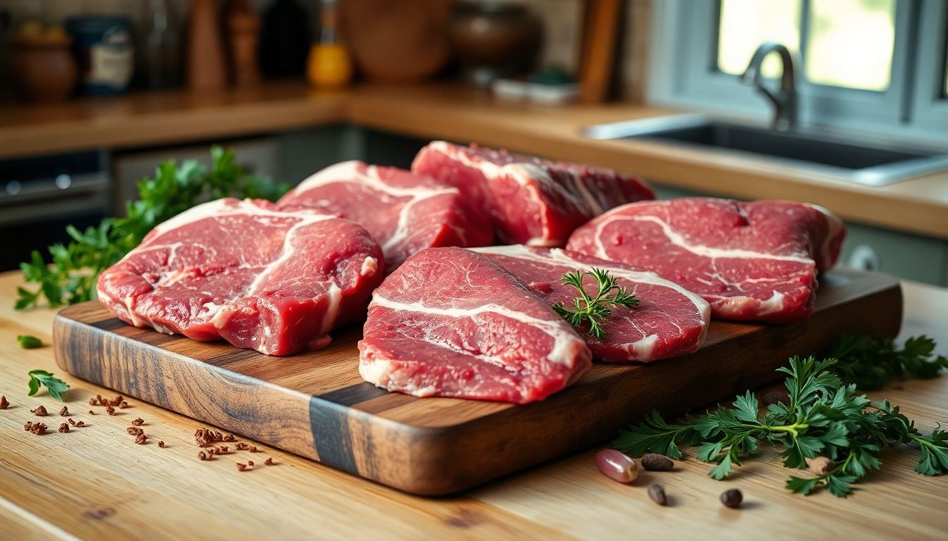 'Rohes mariniertes Rindfleisch und Gewürze auf rustikalem Schneidebrett in der Küche.'