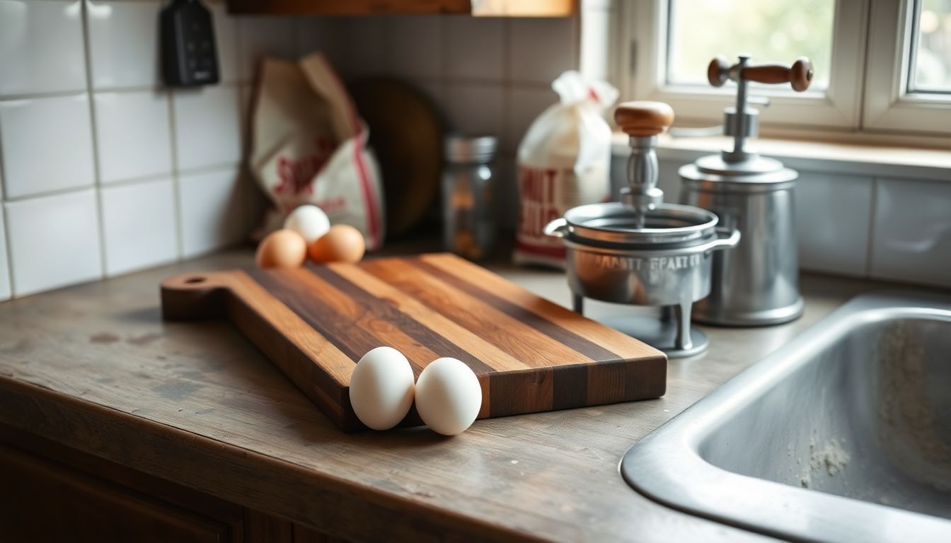 Eine rustikale Küchenszene mit Eiern, Mehl und einem Spätzle-Hersteller.