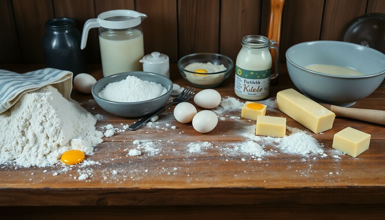 Eine rustikale Küchentheke voller Zutaten und Kochutensilien.