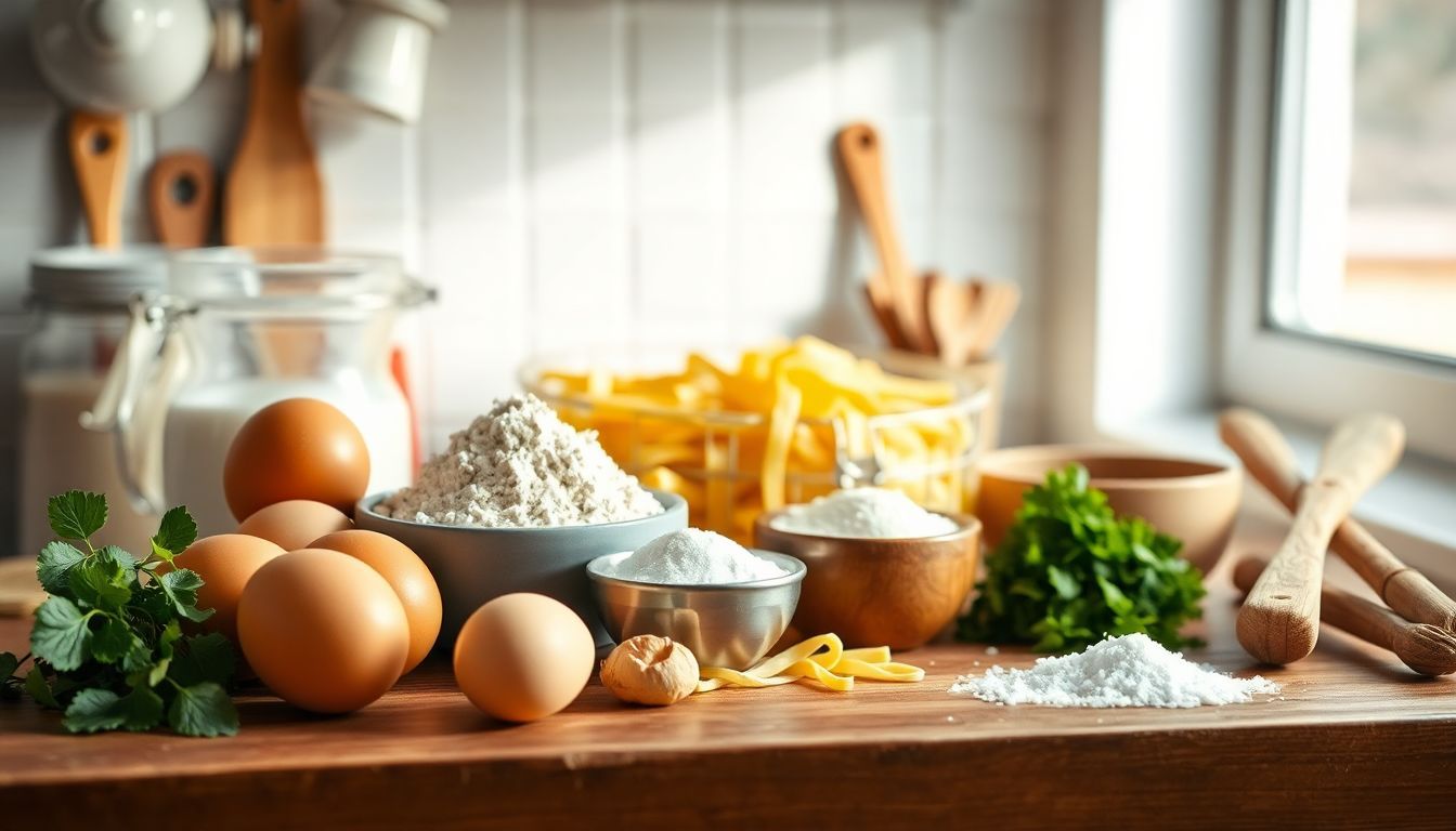 Eine gut beleuchtete Küche mit Zutaten für traditionelle deutsche Spätzle.