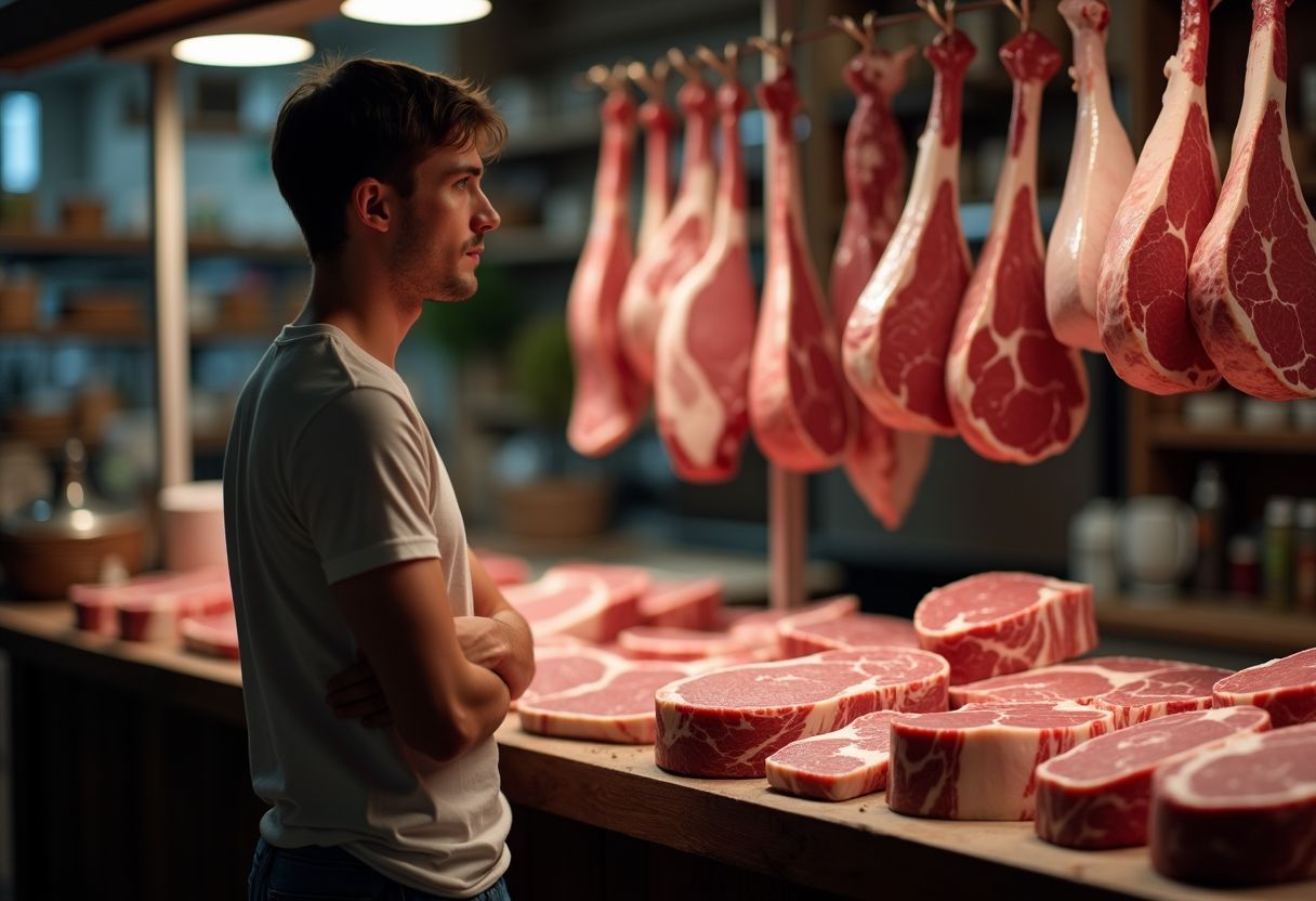 Eine Person wählt Fleisch in einer traditionellen deutschen Metzgerei aus. Eine Person wählt Fleisch in einer traditionellen deutschen Metzgerei aus.