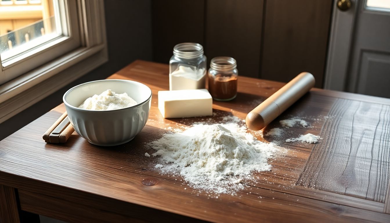 Ein rustikaler Holztisch mit Zutaten für Zimtschnecken.