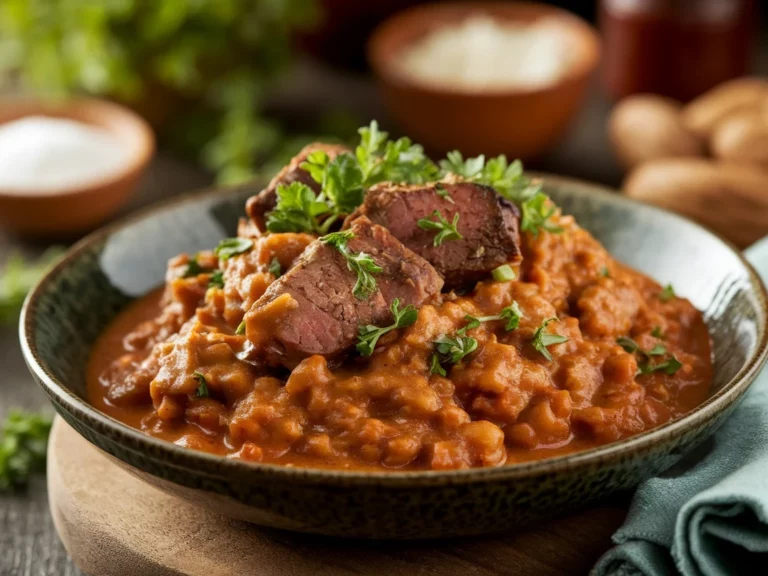 Einfaches Rezept für klassisches Rindergulasch mit Gemüse und sämiger Soße.