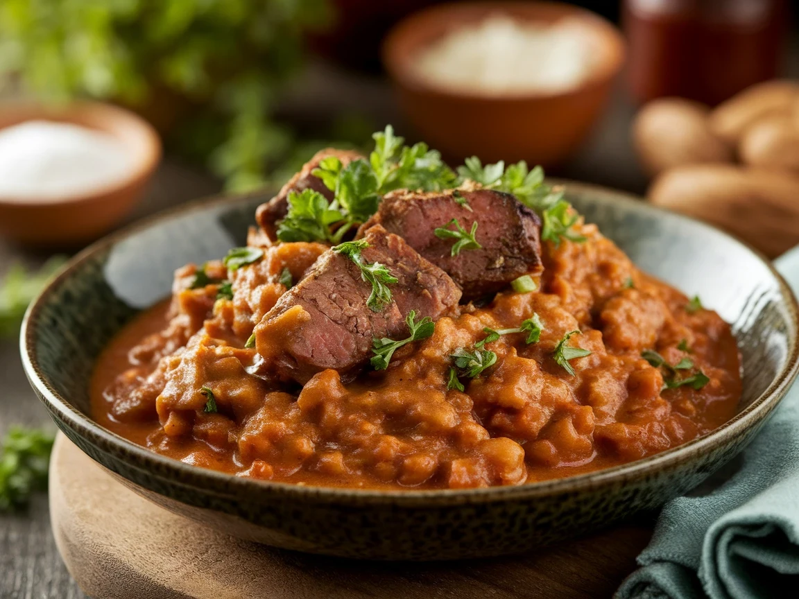 Einfaches Rezept für klassisches Rindergulasch mit Gemüse und sämiger Soße.