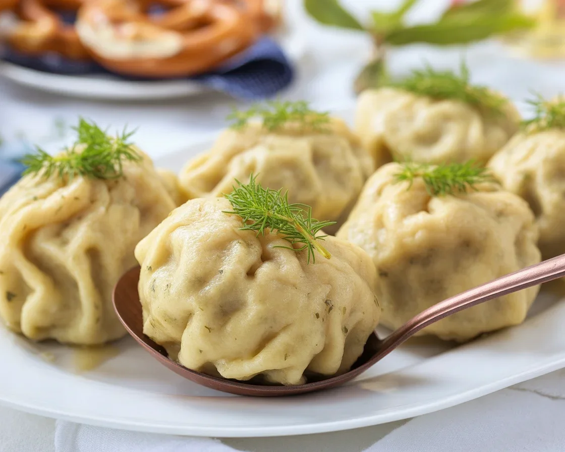 Selbstgemachte bayerische Semmelknödel mit frischen Kräutern und Eier.