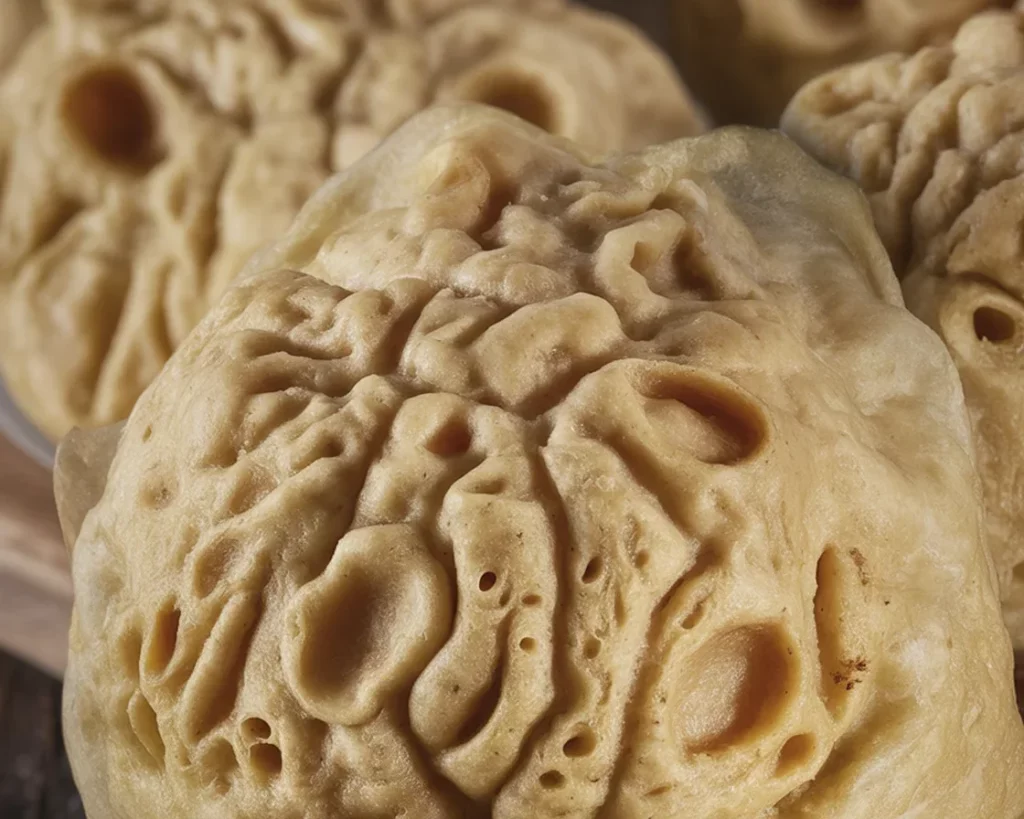 Fluffige böhmische Semmelknödel auf einem rustikalen Holzbrett serviert.