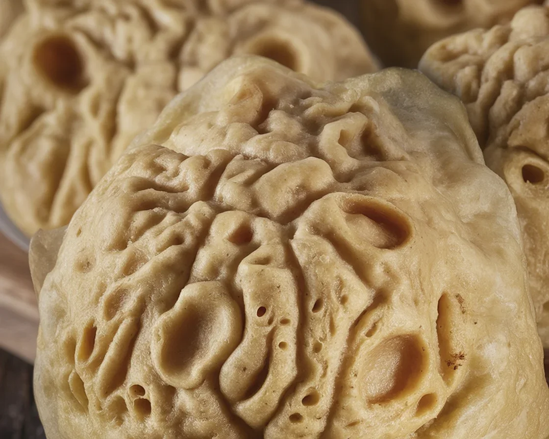 Fluffige böhmische Semmelknödel auf einem rustikalen Holzbrett serviert.