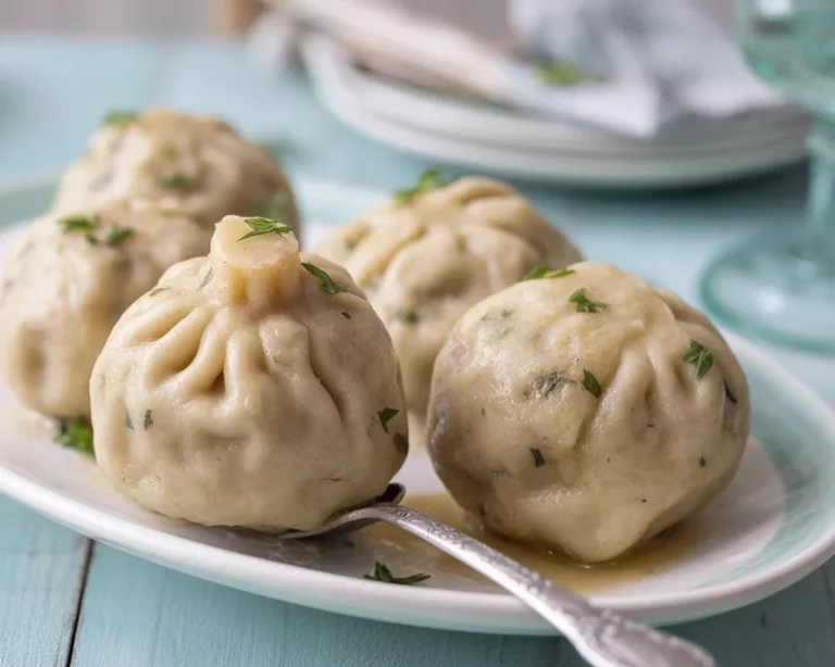 Fluffige, lockere Semmelknödel auf einem Teller, serviert mit Gulasch.