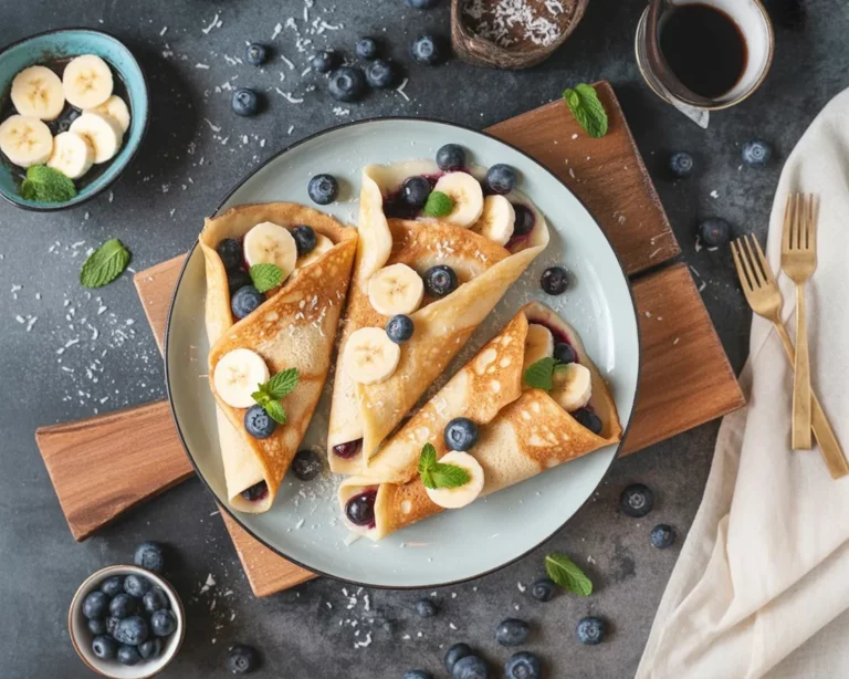Glutenfreie vegane Pfannkuchen mit Buchweizen- und Reismehl auf einem Teller