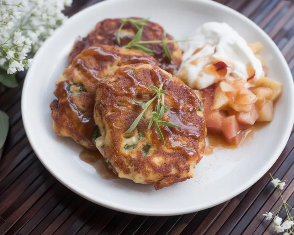 Vegane glutenfreie Pfannkuchen mit frischem Obst und Ahornsirup