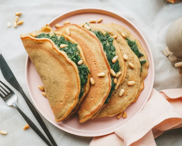 Herzhafte vegane Pfannkuchen mit Spinatfüllung auf einem Teller angerichtet.
