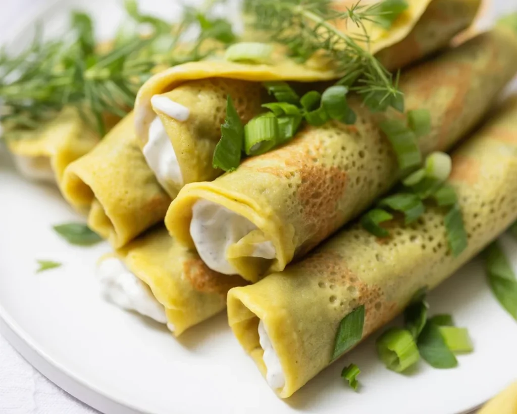 Herzhafte vegane Pfannkuchen mit Spinatfüllung auf einem Teller serviert.