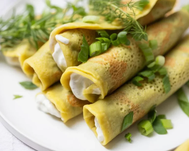 Herzhafte vegane Pfannkuchen mit Spinatfüllung auf einem Teller serviert.