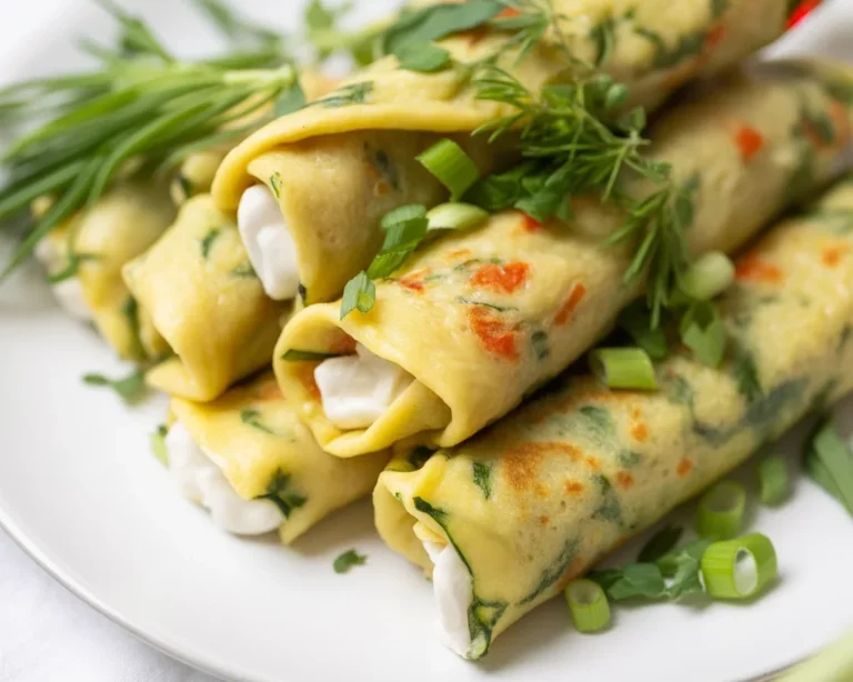 Leckere herzhafte vegane Pfannkuchen mit Spinat und Buchweizen auf einem Teller.