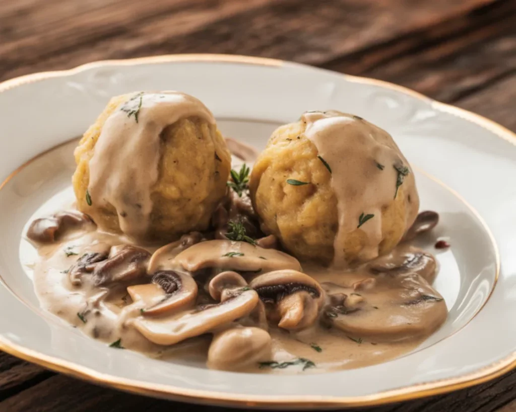 Bayerische Semmelknödel frisch zubereitet mit Kräutern auf einem Teller.