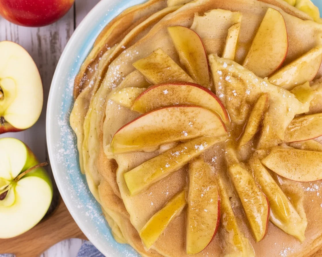 Vegane Apfelpfannkuchen mit Zimt und haferbasierten Zutaten auf einem Teller serviert.