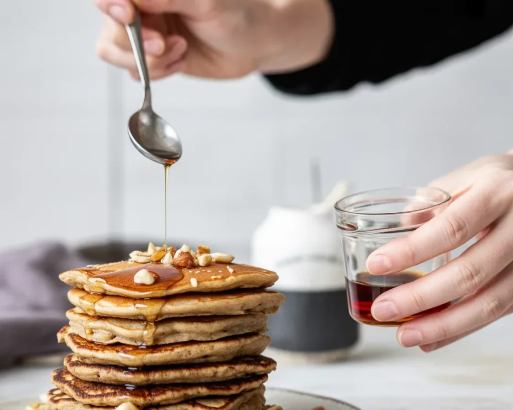Vegane Bananen-Pfannkuchen auf einem Teller, perfekt für ein gesundes Frühstück.