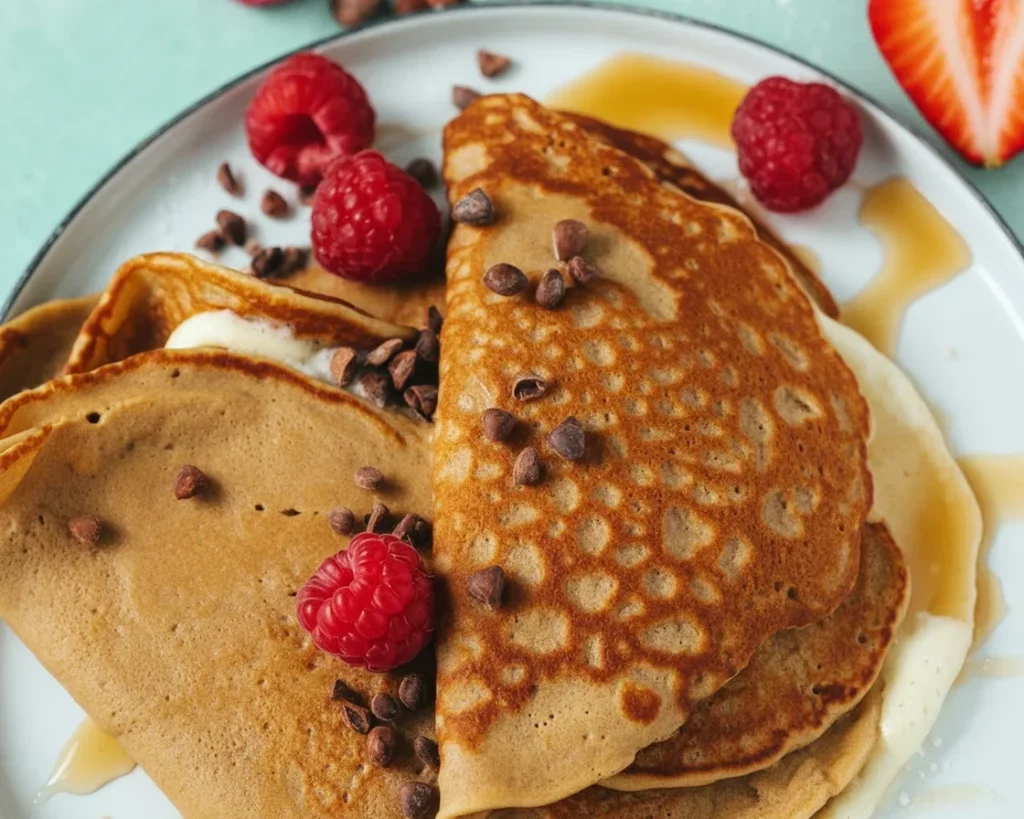 Vegane Buchweizenpfannkuchen mit Spinat und Beeren auf einem Teller