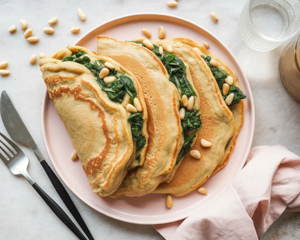 Vegane Pfannkuchen mit Pflanzenmilch und Dinkelmehl auf einem Teller serviert.
