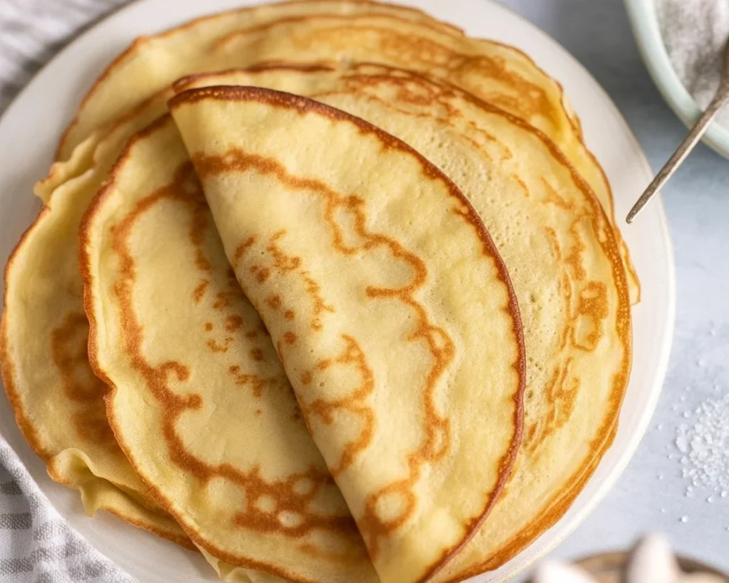 Vegane Pfannkuchen auf einem Teller, garniert mit frischem Obst und Ahornsirup.