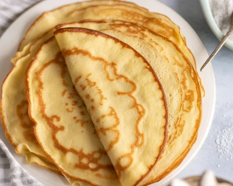 Vegane Pfannkuchen auf einem Teller, garniert mit frischem Obst und Ahornsirup.