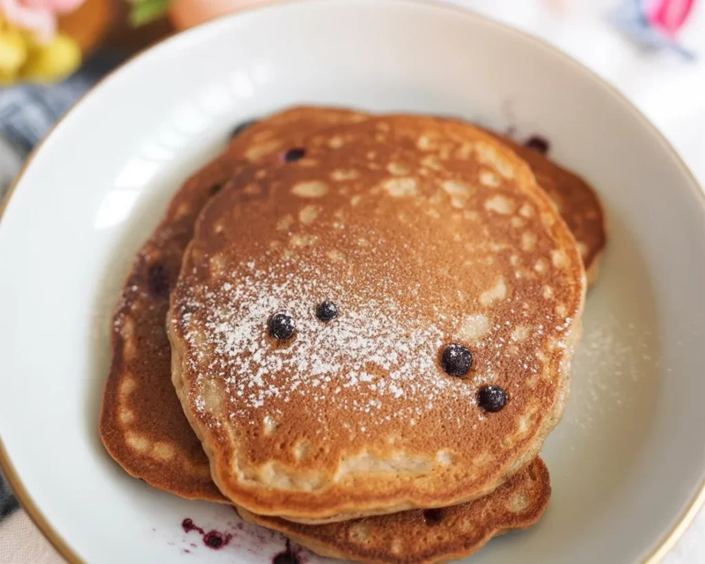 Vegane Pfannkuchen zubereitet mit Mehl, Pflanzenmilch und Zucker, auf einem Teller serviert.