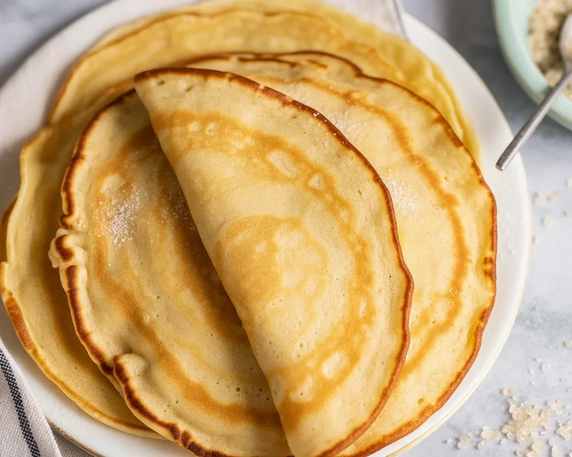Vegane Pfannkuchen Rezept mit Mehl, pflanzlicher Milch und Zucker in der Pfanne zubereitet.