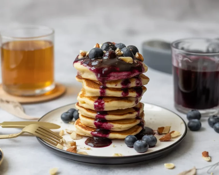Vegane Pfannkuchen mit Banane auf einem Teller serviert, ideal für Frühstück oder Brunch.