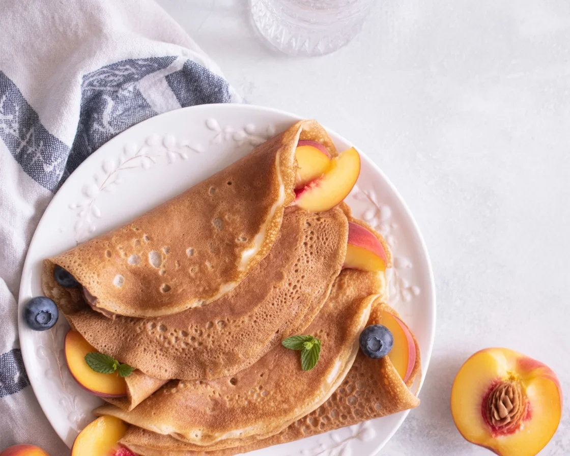 Vegane Pfannkuchen ohne Mineralwasser, fluffig und lecker, serviert mit Obst