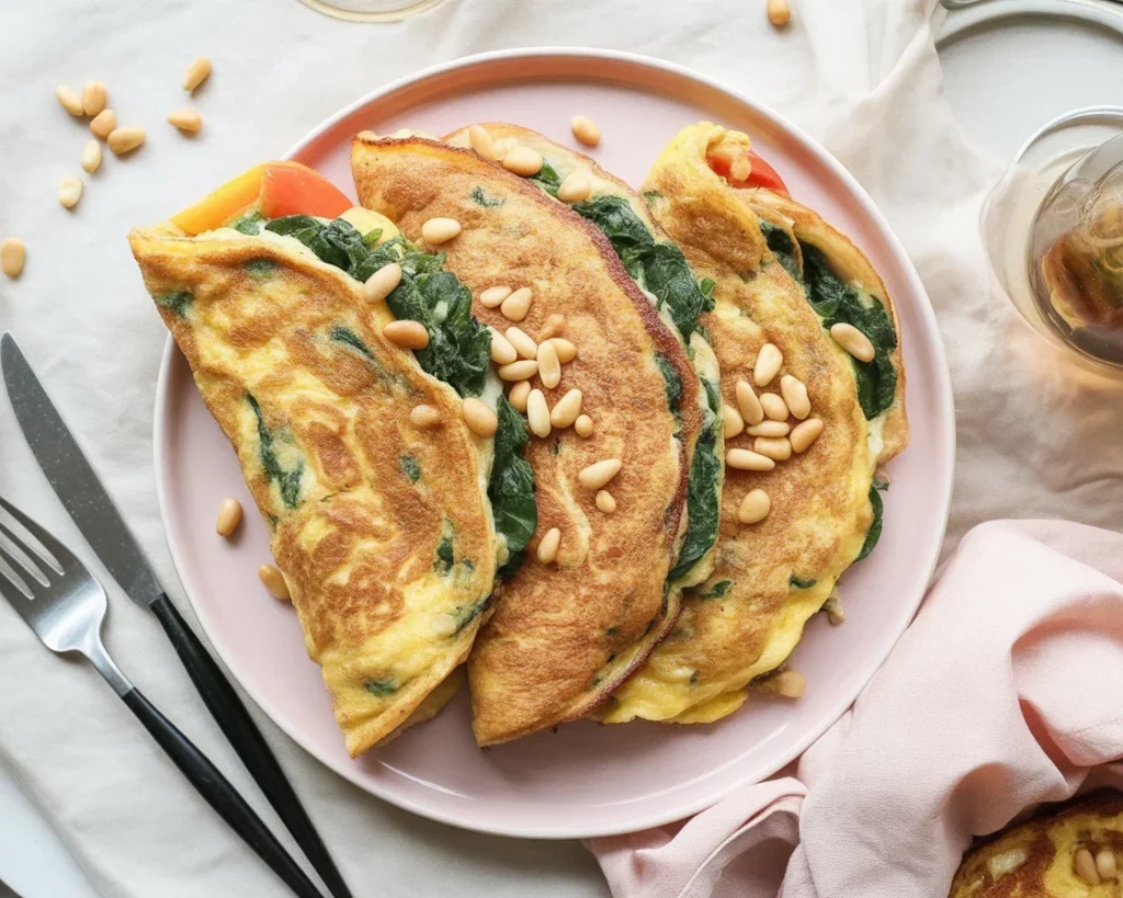 Fluffige vegane Pfannkuchen auf einem Teller mit frischen Früchten und Sirup