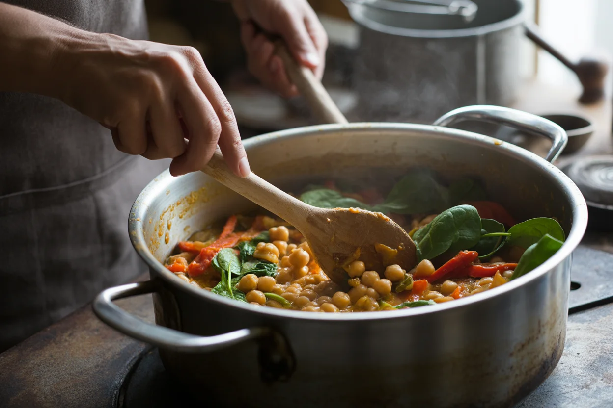 Herzhafter Kürbis Curry Herbst Rezept mit Kichererbsen und Spinat