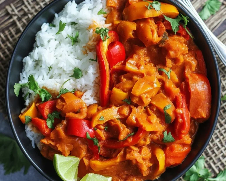 Herbstliches Kürbis Curry mit Kichererbsen und roter Paprika in einer Schüssel.