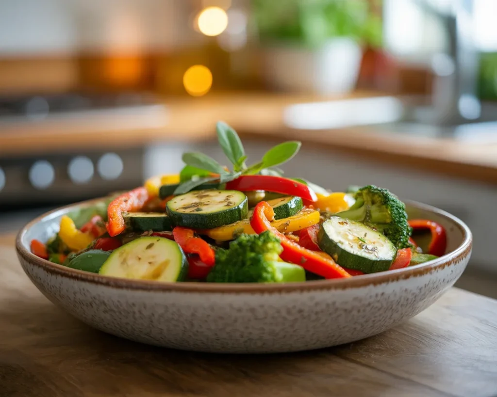 Bunte vegane Gemüsepfanne mit frischem Gemüse und Gewürzen auf einem Teller.