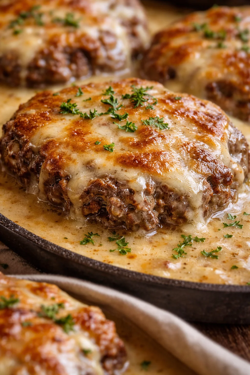 Amische Hamburgersteak-Auflauf serviert in einer Auflaufform mit frischen Zutaten