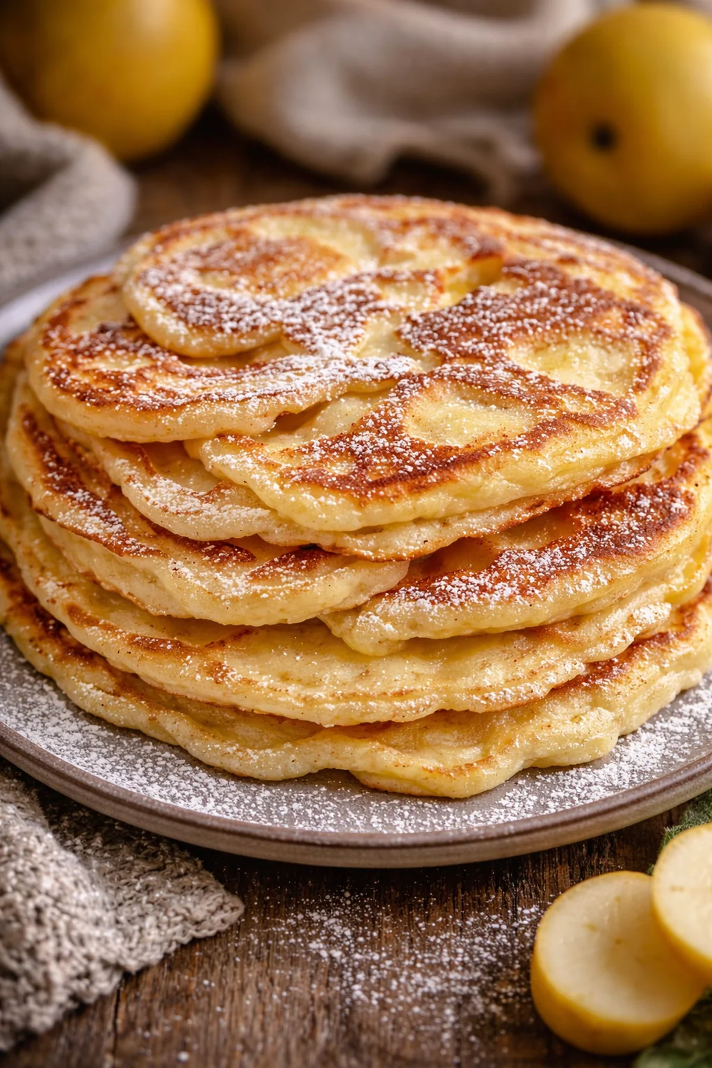 Apfel-Joghurt-Pfannkuchen auf einem Teller mit frischem Obst