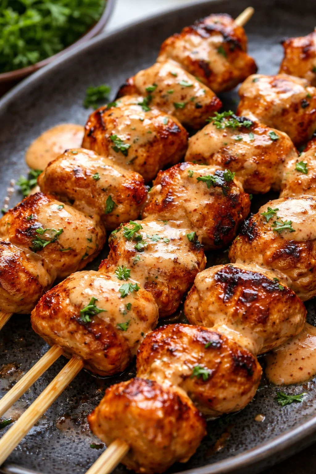 Bang Bang Hähnchen-Spieße mit würziger Sauce und frischen Zutaten