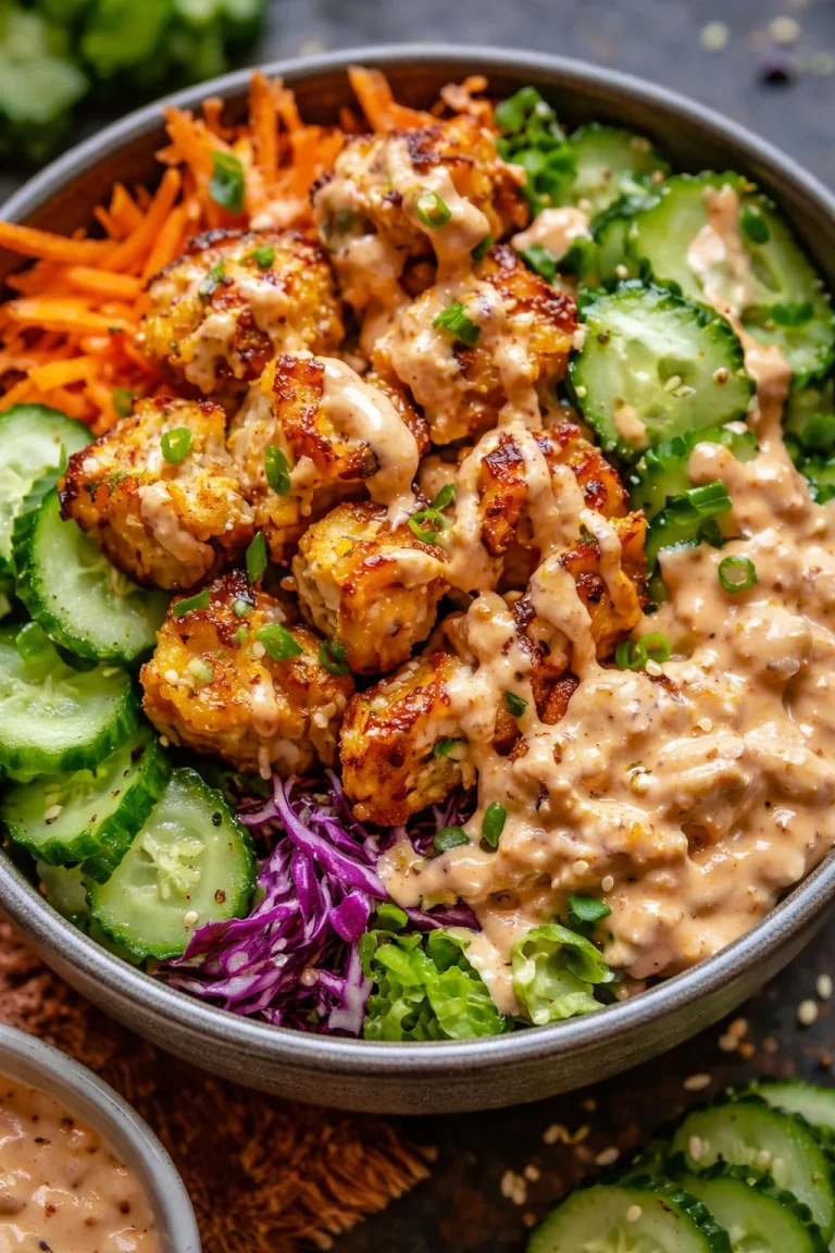 Leckeres Bang Bang Hühnchen Gericht auf einem Teller.