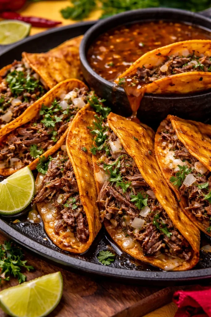 Schmackhafte Birria Tacos mit zartem Fleisch und würziger Brühe serviert