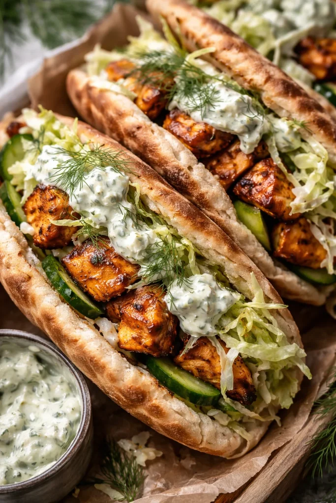 Leckere Blechpfannen-Hühnchen-Pitas auf einem Teller serviert