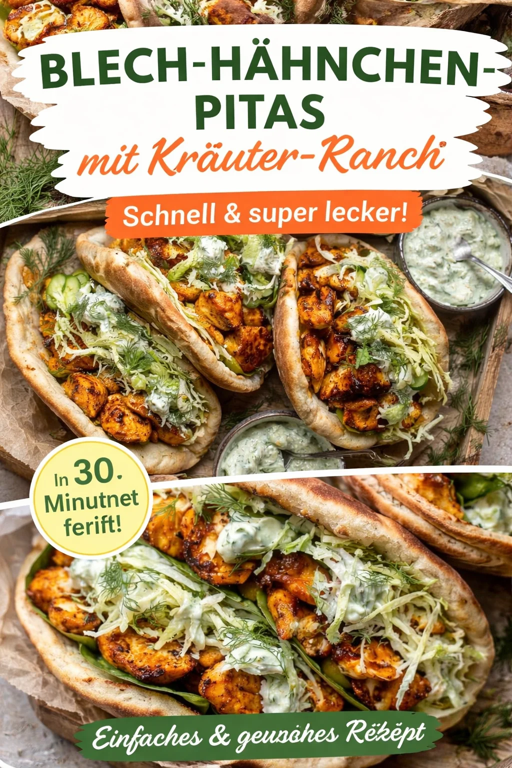 Blechpfannen-Hühnchen-Pitas mit Kräuter-Ranch-Dressing