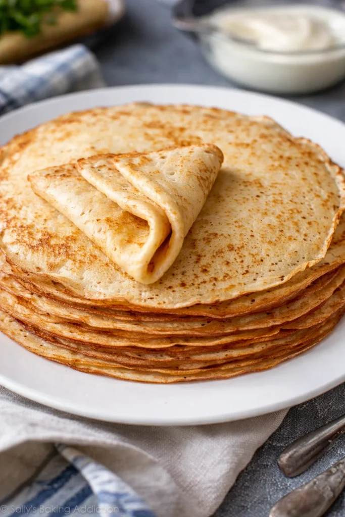 Leckere frisch zubereitete Blini auf einem Teller serviert
