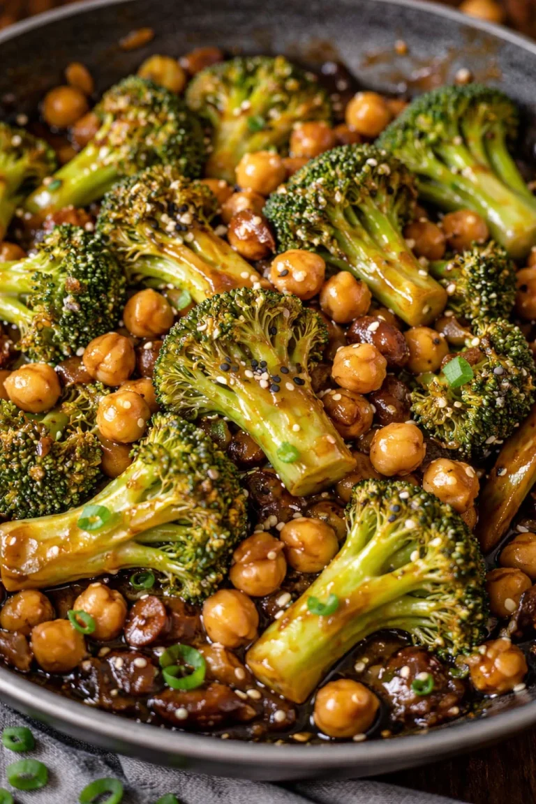 Brokkoli-Chickpea-Pfanne mit Knoblauch-Ingwer-Sauce auf einem Teller