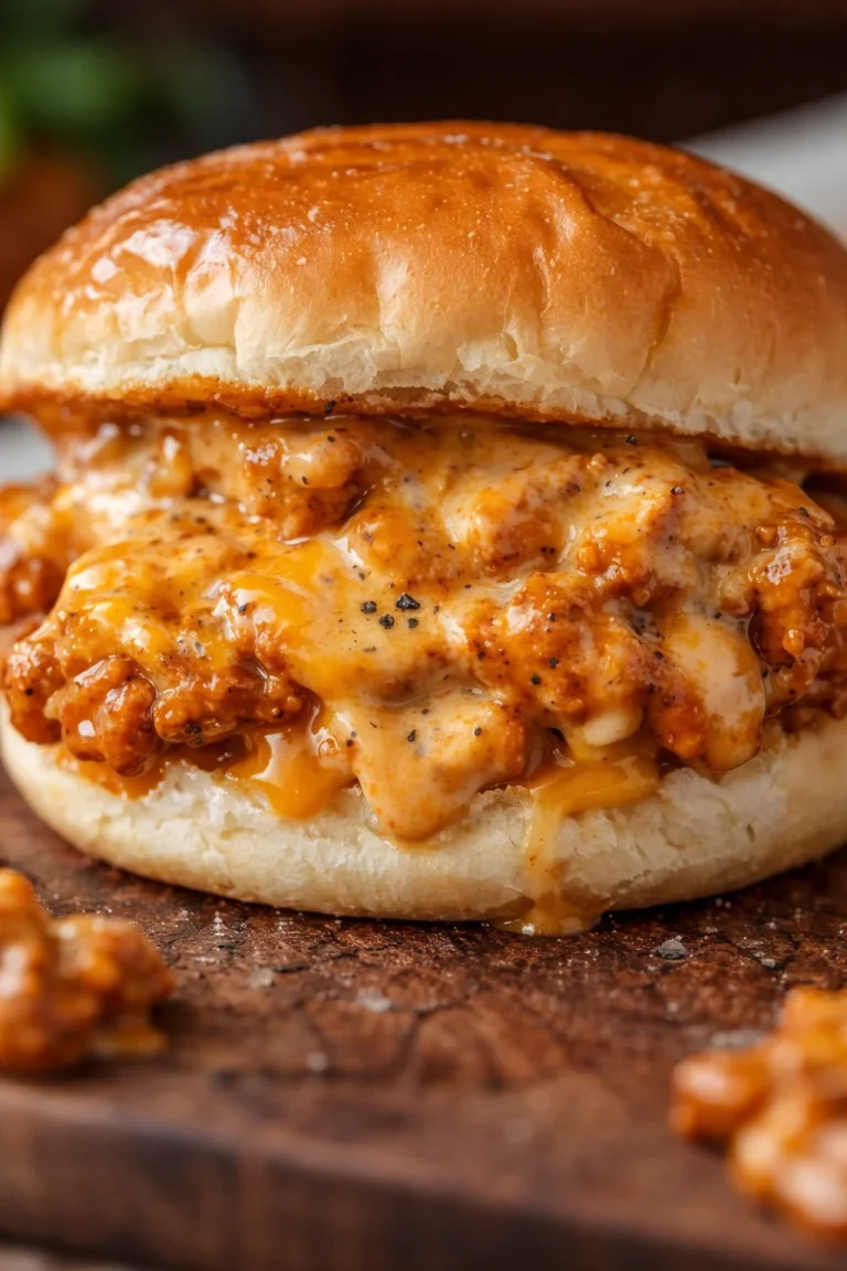 Cajun-Hühnchen Sloppy Joes auf einem Teller, garniert mit frischen Kräutern.